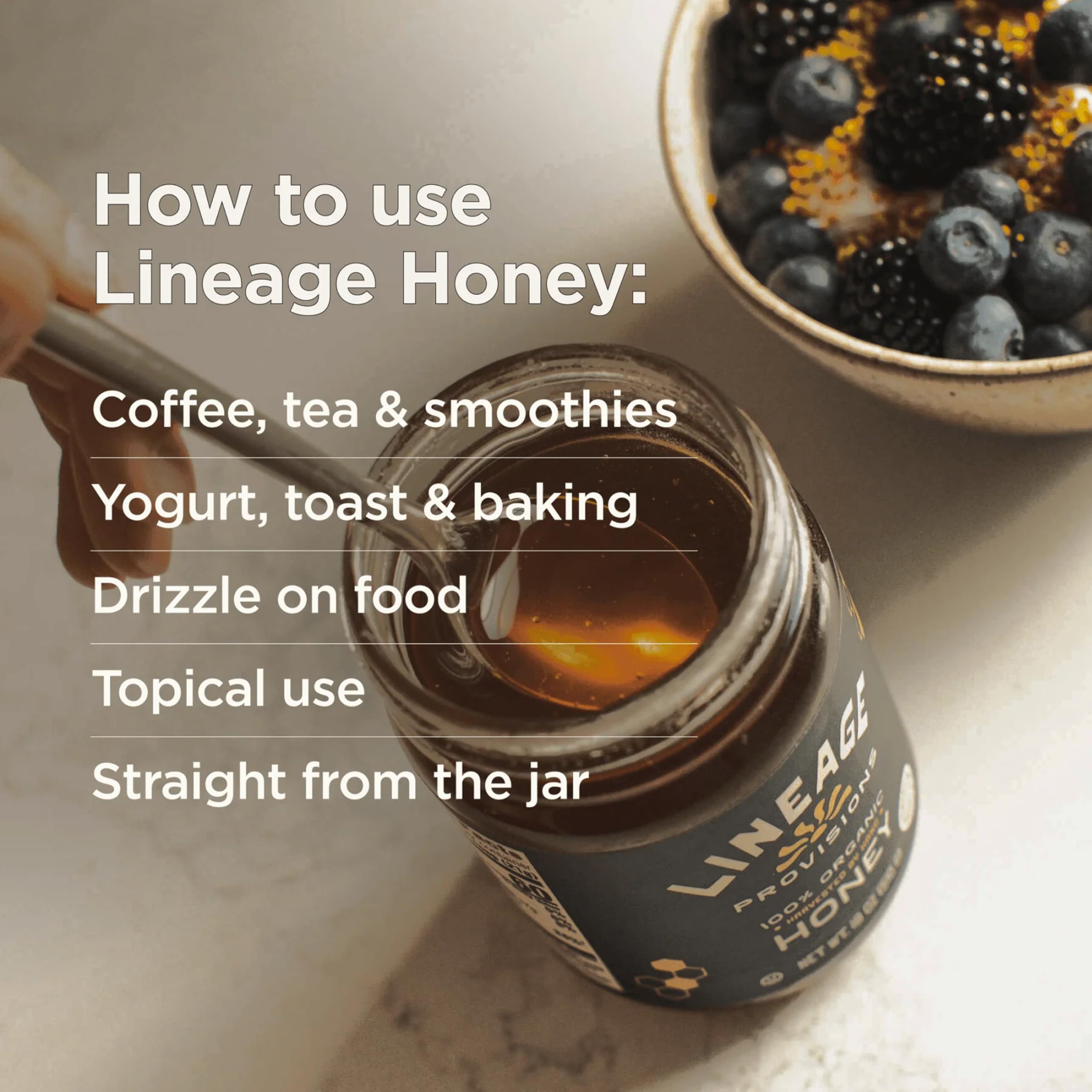 Lineage Provisions jar beside cup of tea showing natural sweetener use