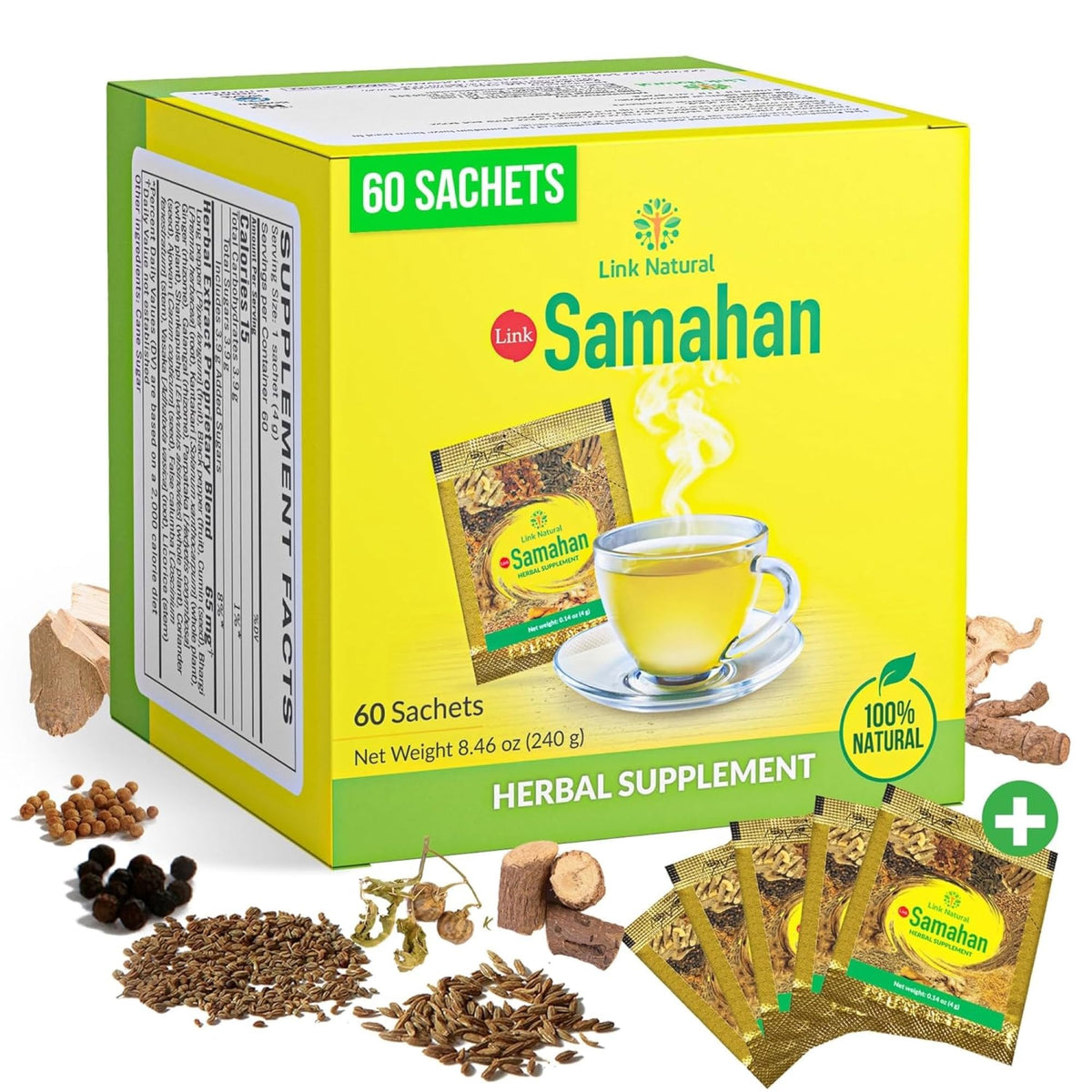 LINK SAMAHAN front packaging showing 60 sachets and product benefits