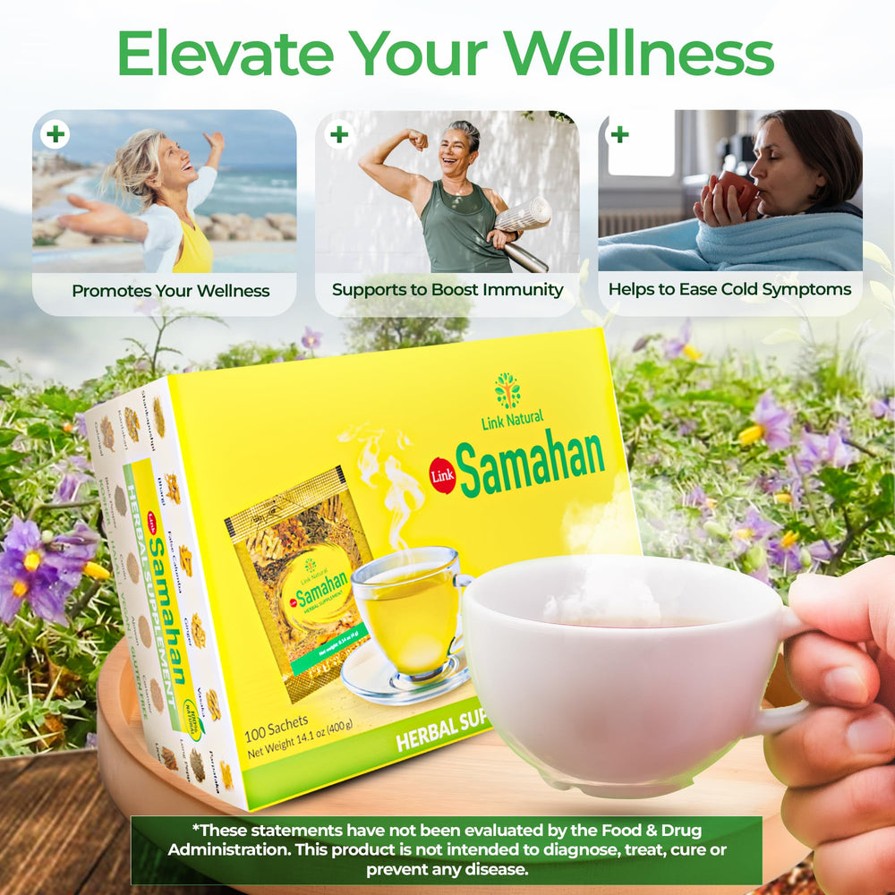 LINK SAMAHAN open sachet close-up displaying soluble powder, easy single-serve benefit