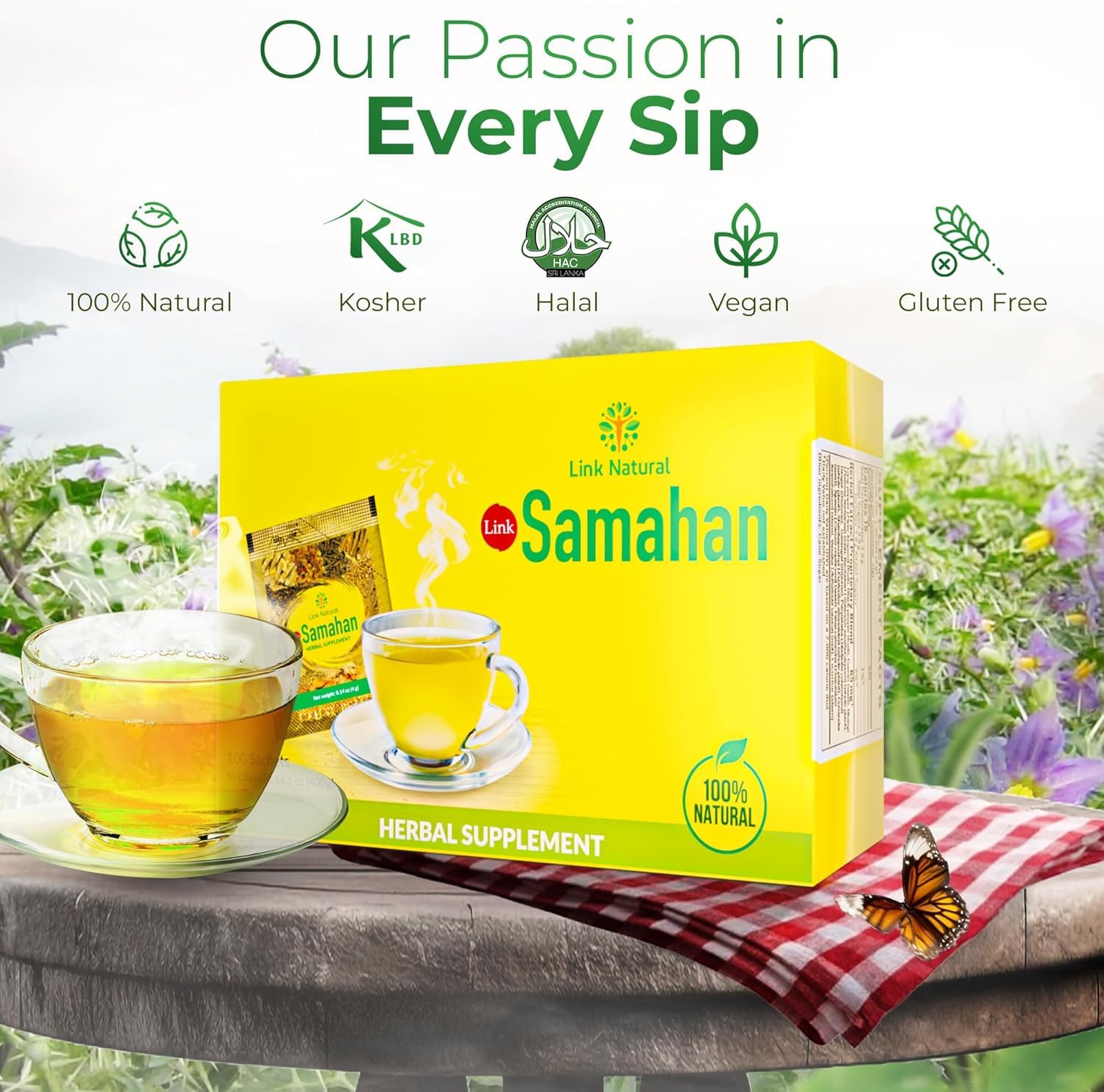 LINK SAMAHAN served in a ceramic cup beside sachet, ready-to-drink relaxation visual
