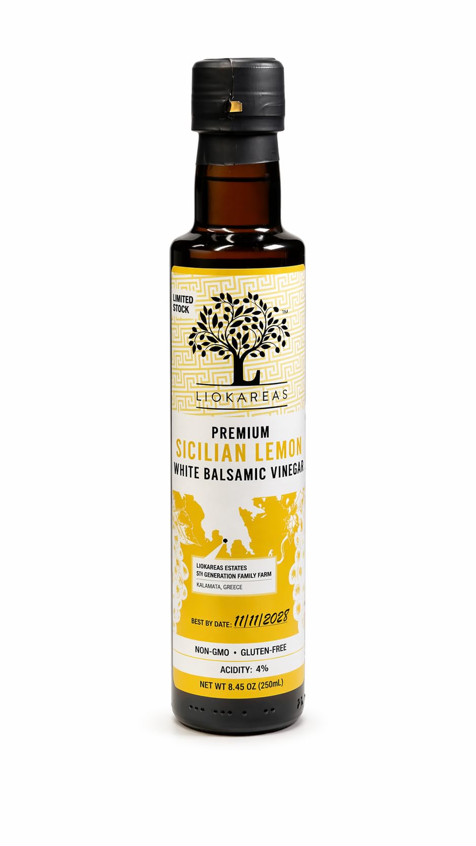 Liokareas bottle front view showing label and bright lemon character boosting salads