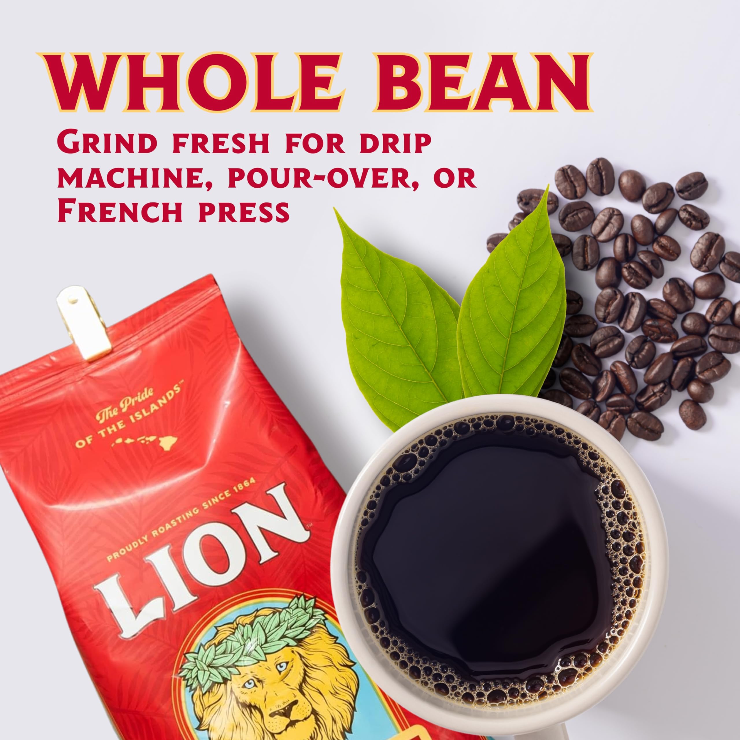 Lion Coffee open bag with beans spilling emphasizing vacuum-sealed freshness benefit