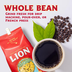 Lion Coffee open bag with beans spilling emphasizing vacuum-sealed freshness benefit