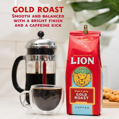 Lion Coffee brewing in French press showing rich color and full-bodied extraction