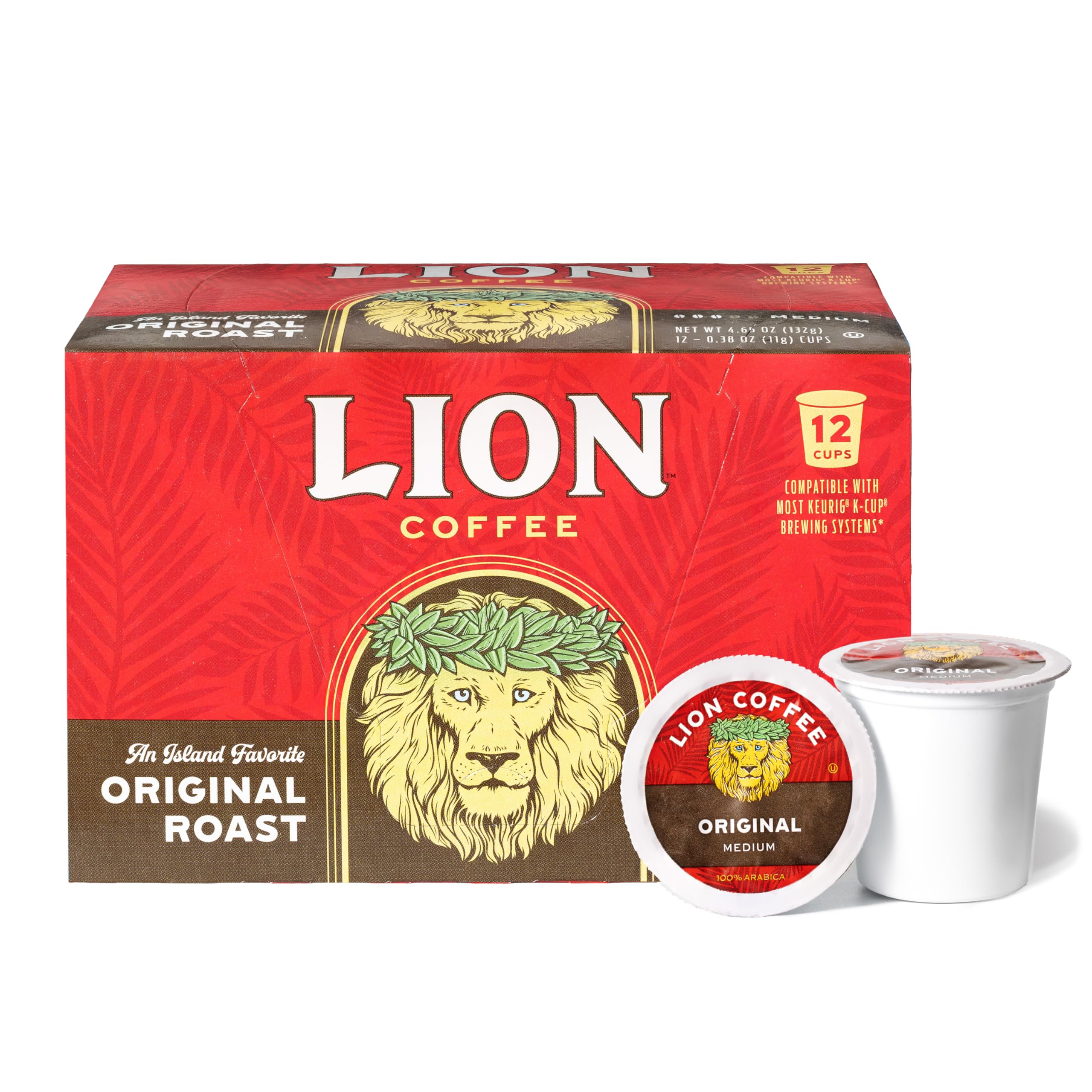 Lion Coffee front box showing branding and 12-count convenience benefit