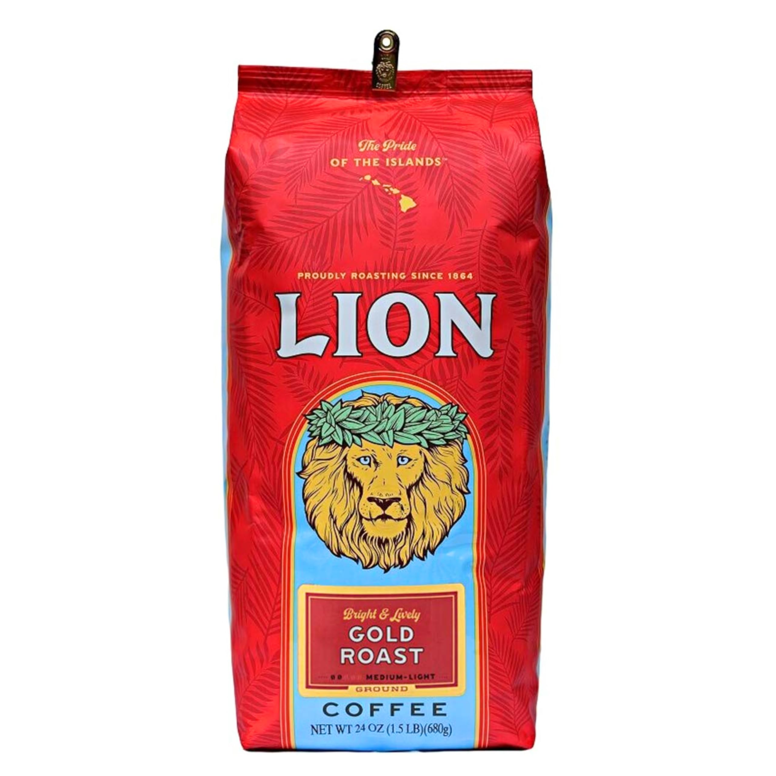 Lion Coffee front packaging showing 24 oz bag and island-themed design for easy identification