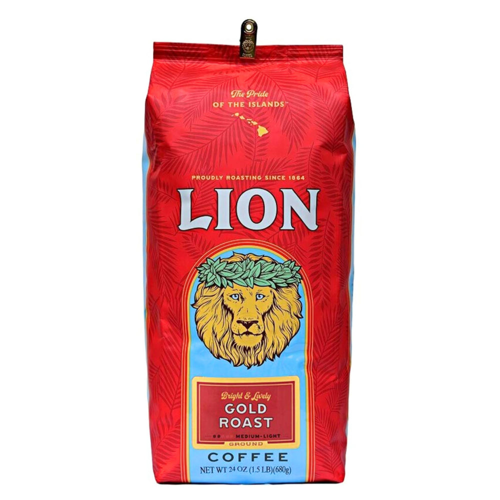 Lion Coffee front packaging showing 24 oz bag and island-themed design for easy identification