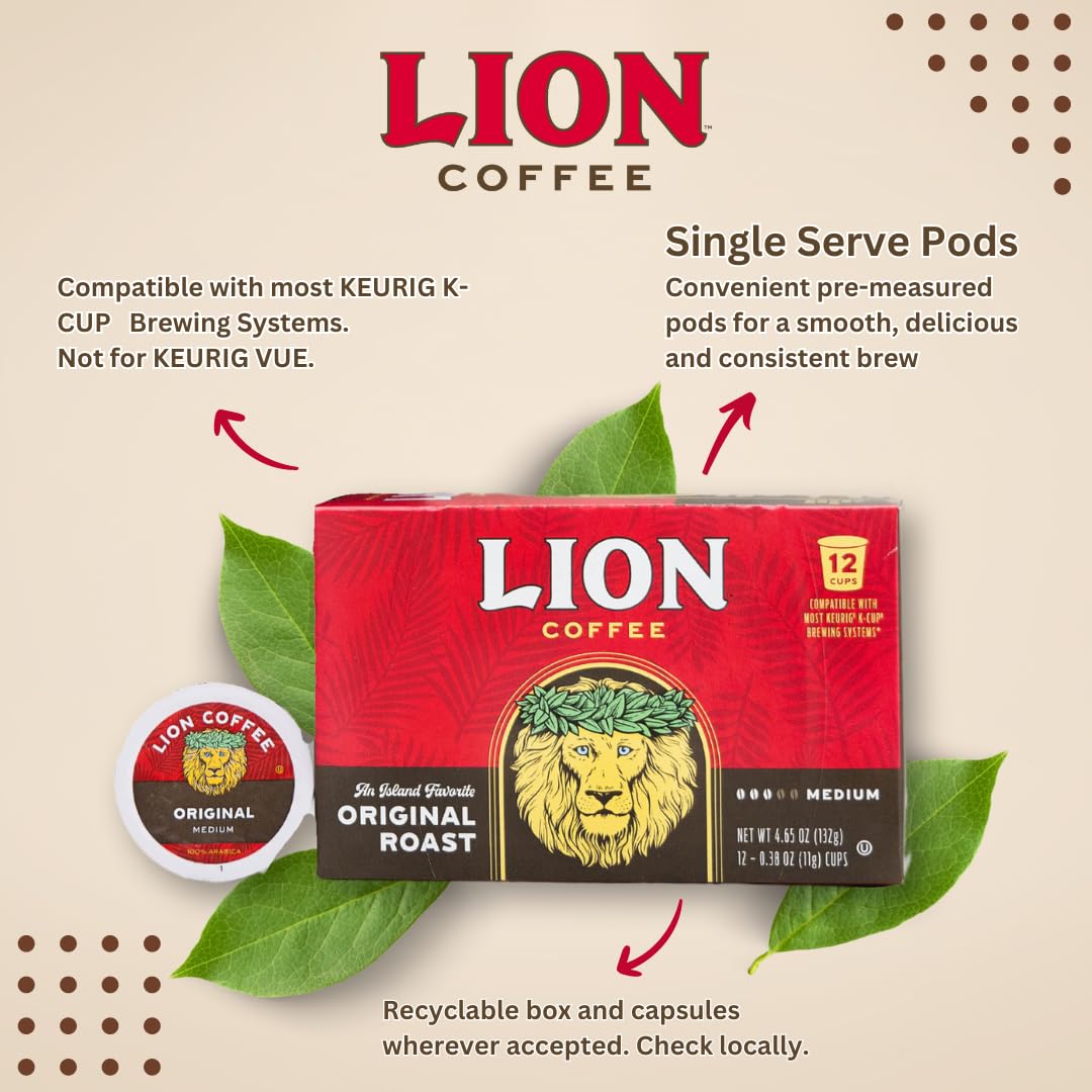 Lion Coffee pod loaded in Keurig-compatible brewer for quick brewing convenience