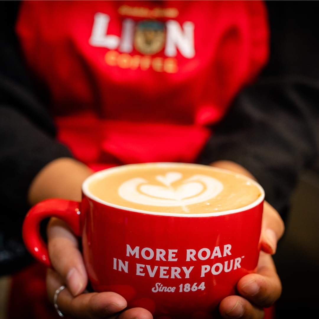 Freshly poured cup of Lion Coffee showing smooth medium roast aroma and satisfaction