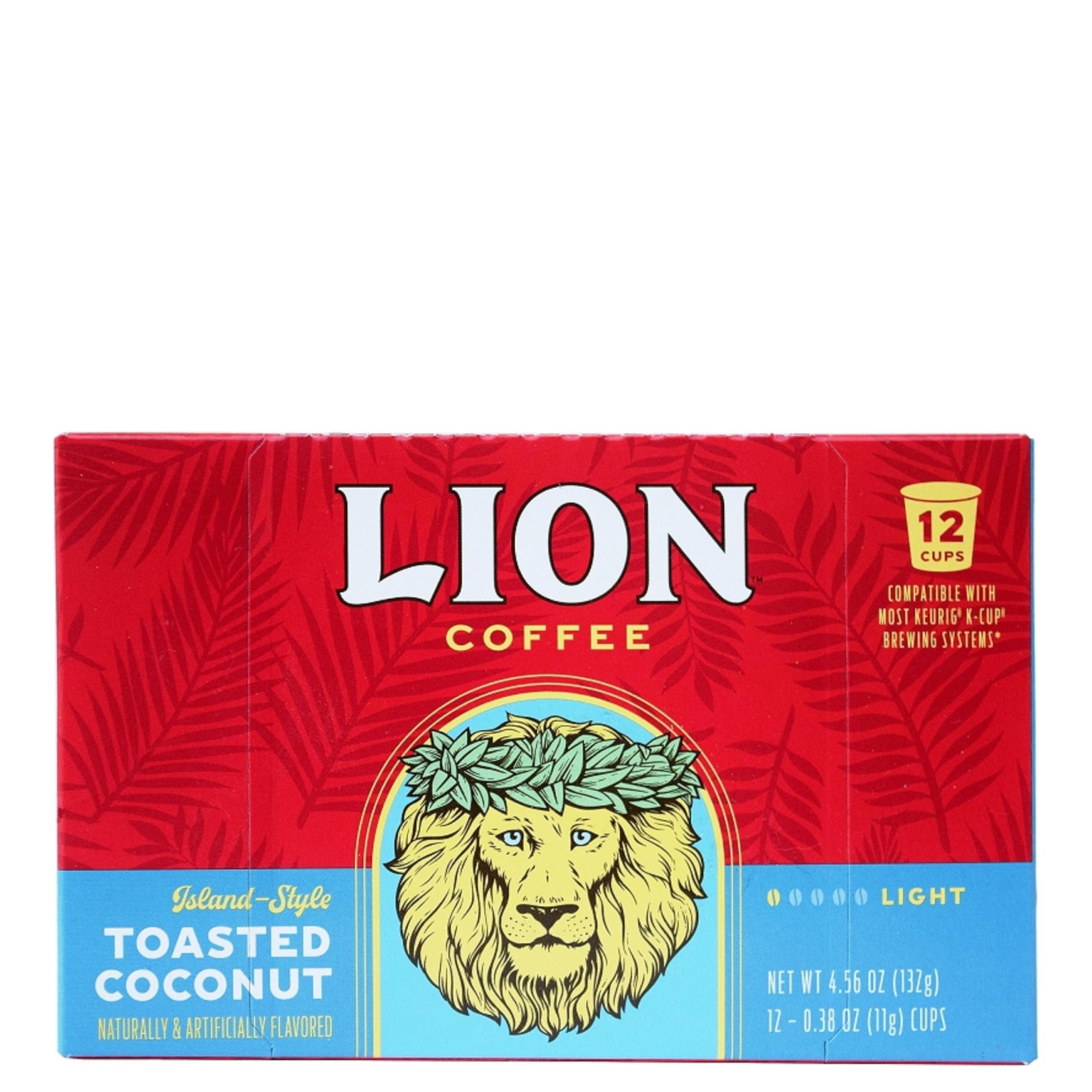 Lion Coffee front box showing toasted coconut branding and 12-count convenience
