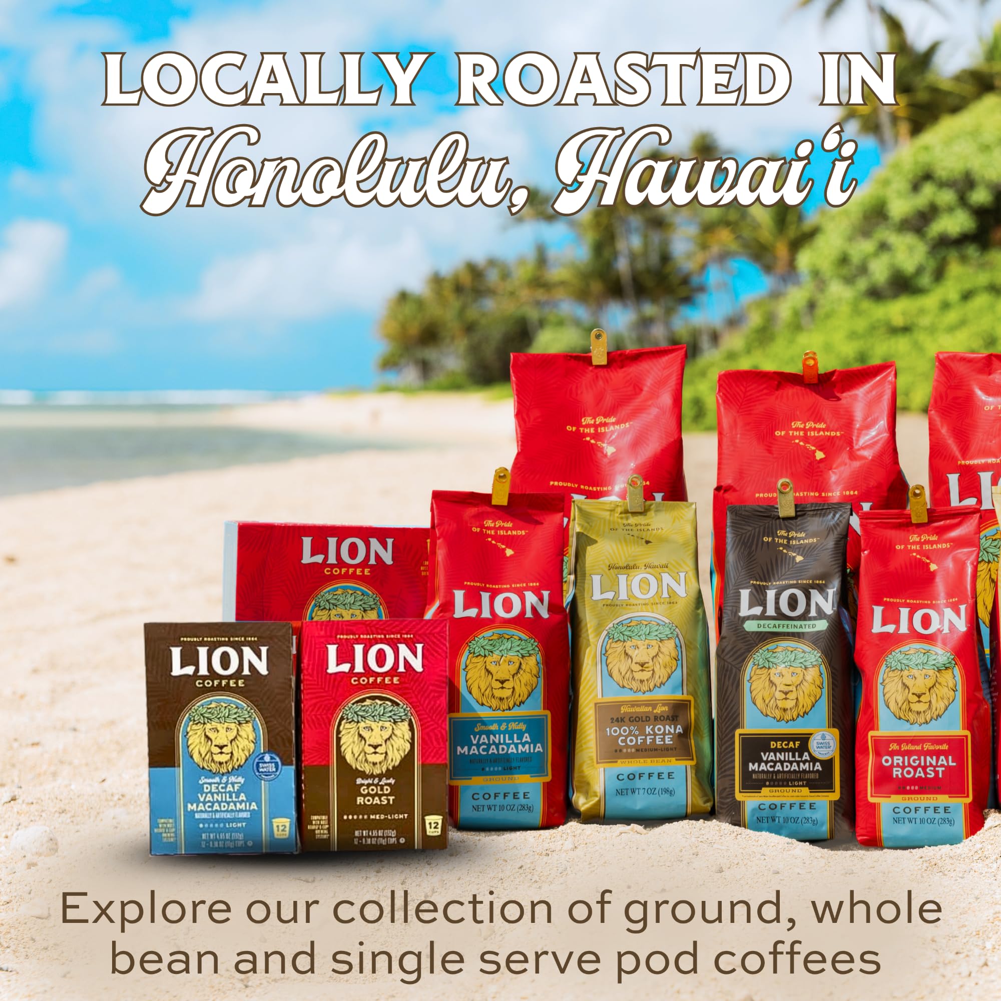 Lion Coffee packaging next to a standard mug showing pod box size and servings