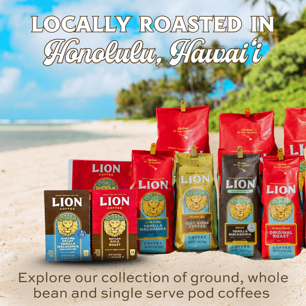 Lion Coffee packaging next to a standard mug showing pod box size and servings