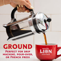 Lion Coffee whole Arabica beans with macadamia nuts illustrating nutty flavor and balance