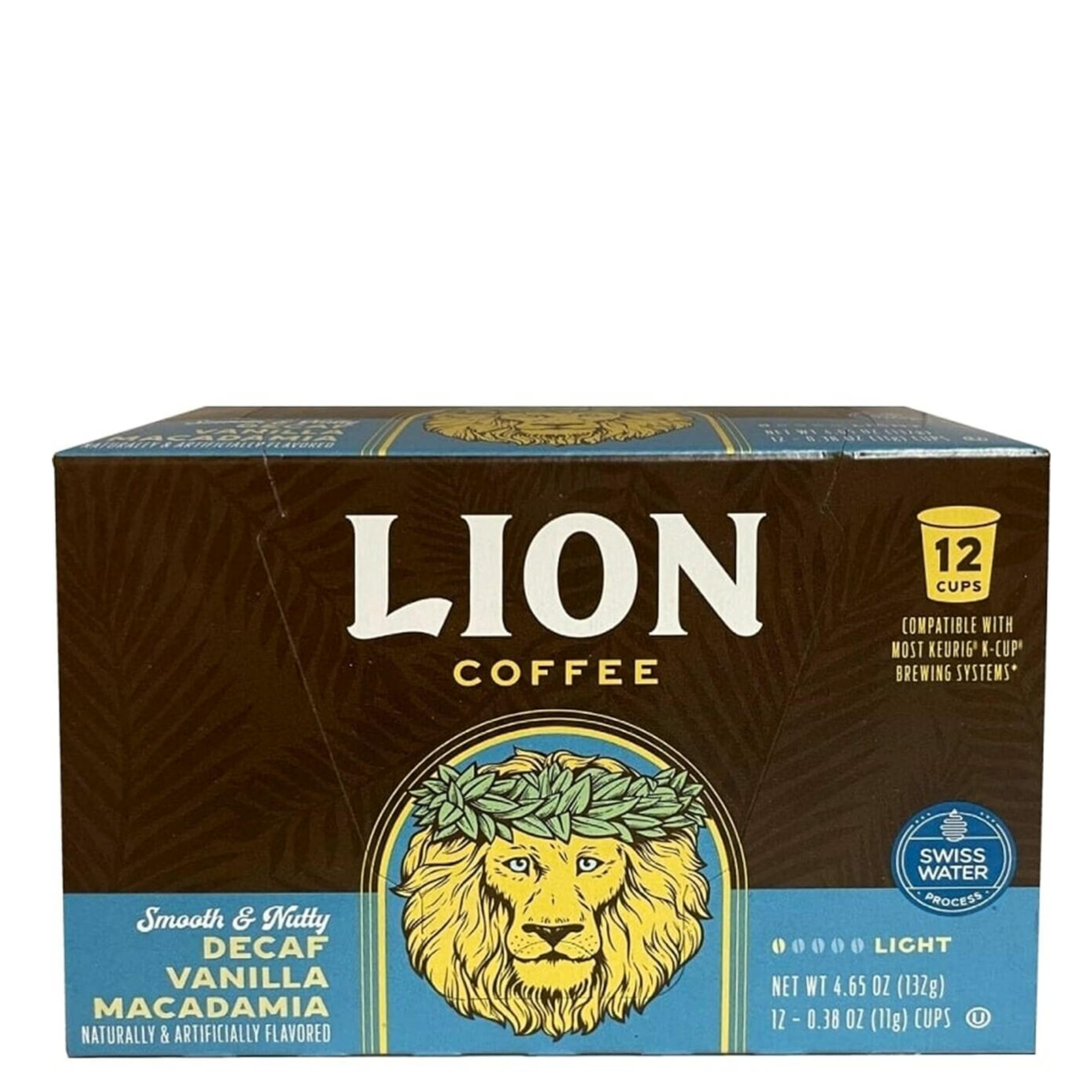 Lion Coffee front box showing Vanilla Macadamia decaf pods and clear branding, flavorful convenience