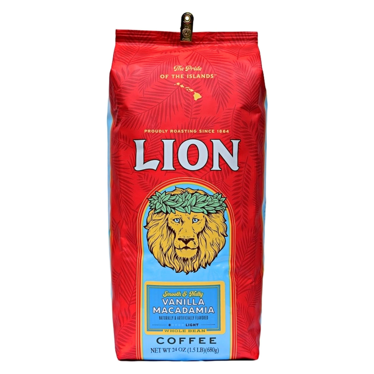 Lion Coffee front packaging showing 24 oz bag and island design benefit freshness