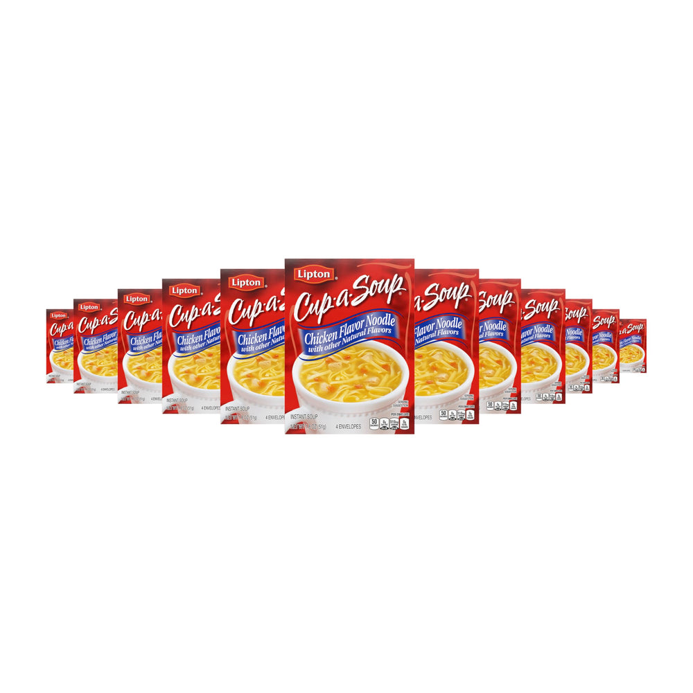 Lipton Cup-A-Soup front packaging showing 12 envelopes and serving suggestion benefit quick servings