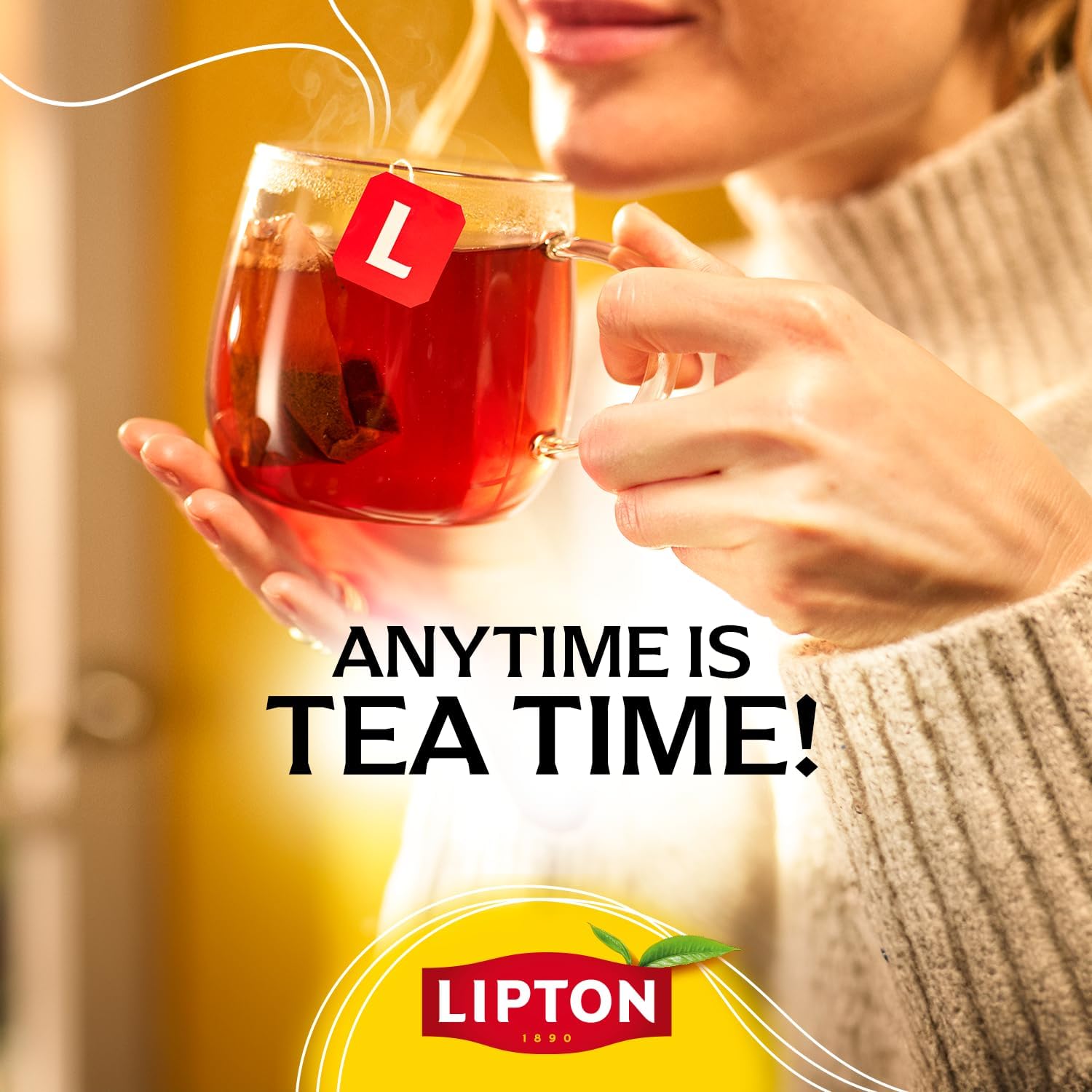 Steaming cup brewed with Lipton decaf tea demonstrating warmth