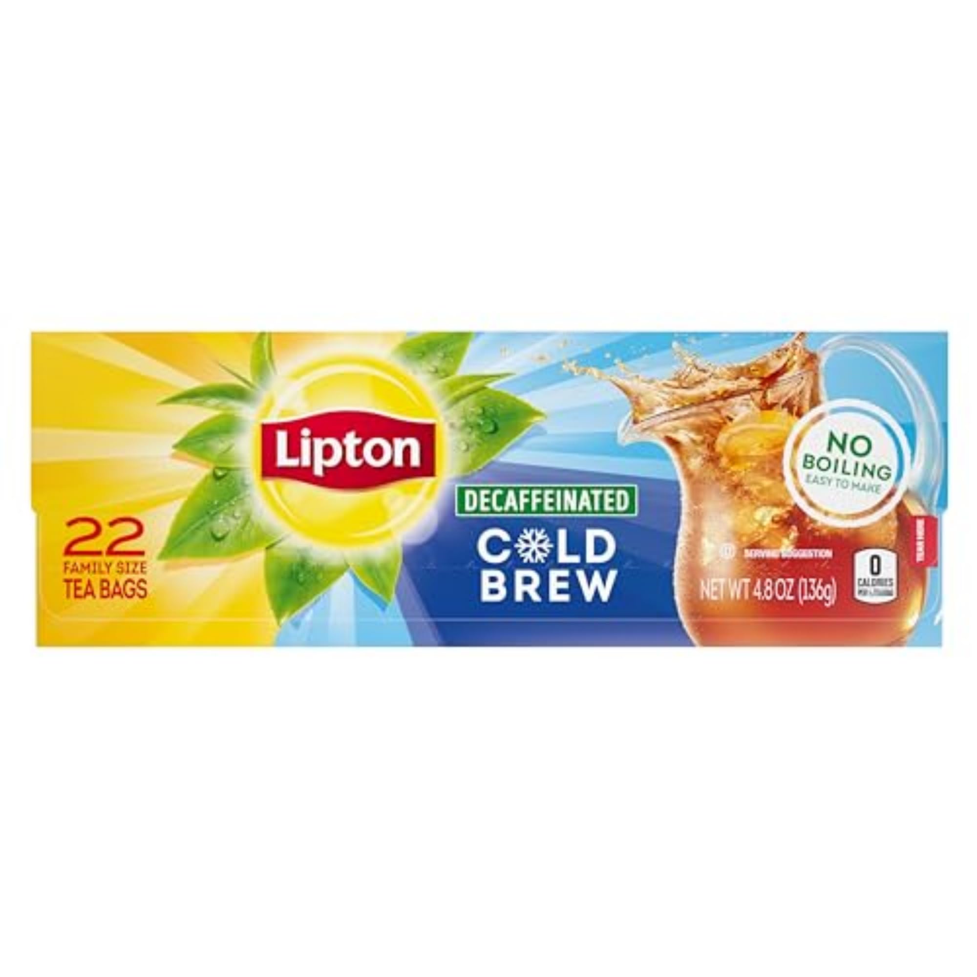 Lipton decaf front packaging showing family-size box and zero calories benefit