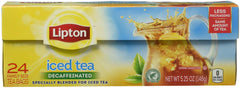 Lipton decaffeinated front packaging showing 24-count and family pack benefit