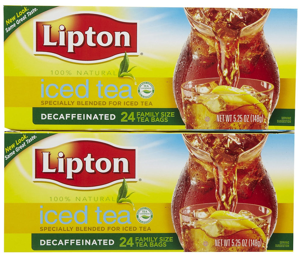 Lipton decaffeinated family-size box front showing branding and benefits