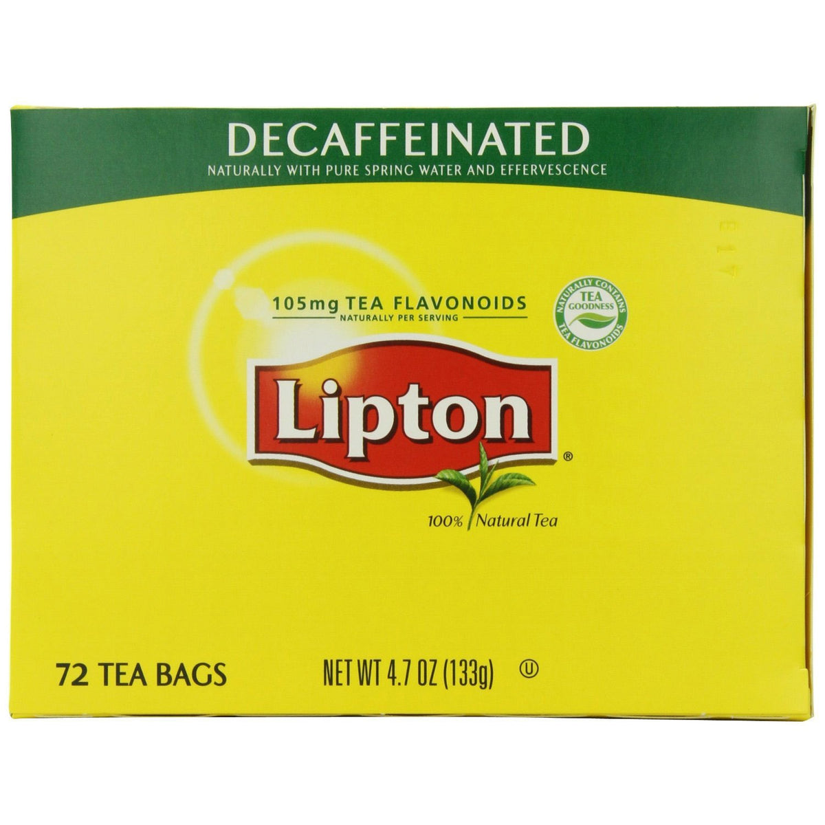 Lipton decaffeinated front packaging showing brand and 72-count convenience