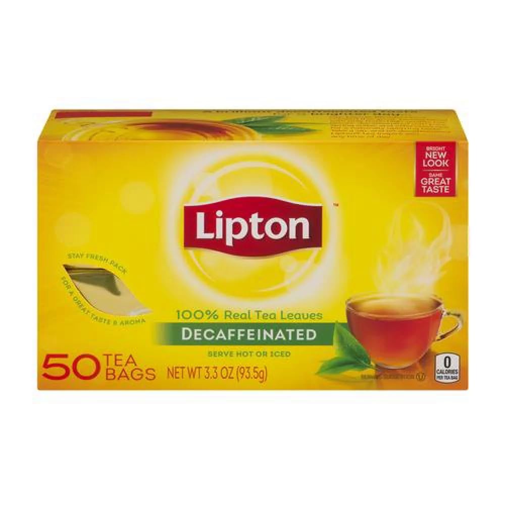 Lipton decaffeinated front packaging showing brand and two-box value