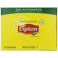 Lipton decaffeinated front packaging showing brand and 72-count convenience