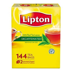 Lipton decaffeinated tea bag close-up highlighting tag and easy brewing