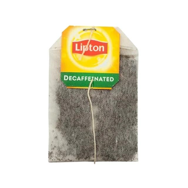Lipton decaffeinated tea bags closeup showing fine tea leaves and convenience