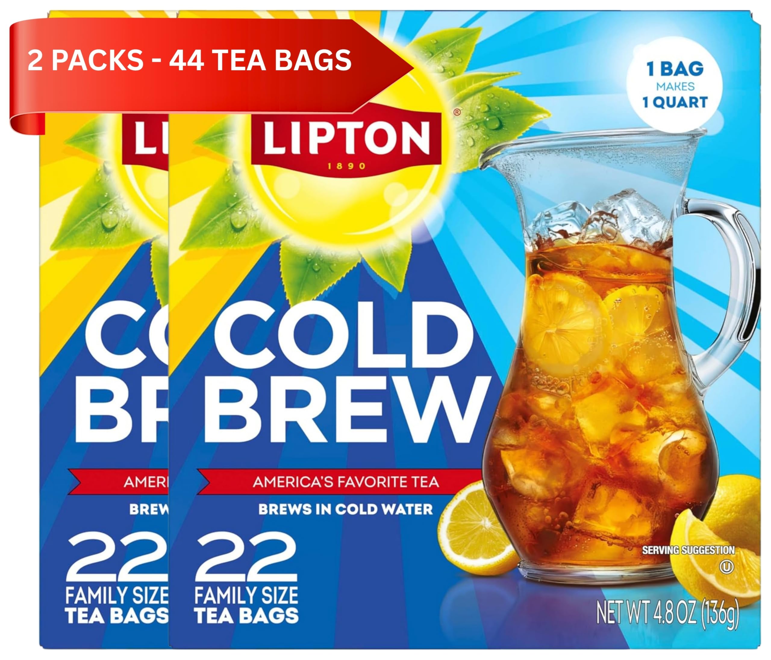 Lipton front packaging showing family-size 44 tea bags and convenience