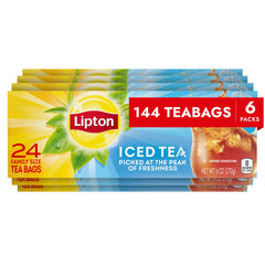 Lipton front packaging family size showing 144 count and pantry convenience