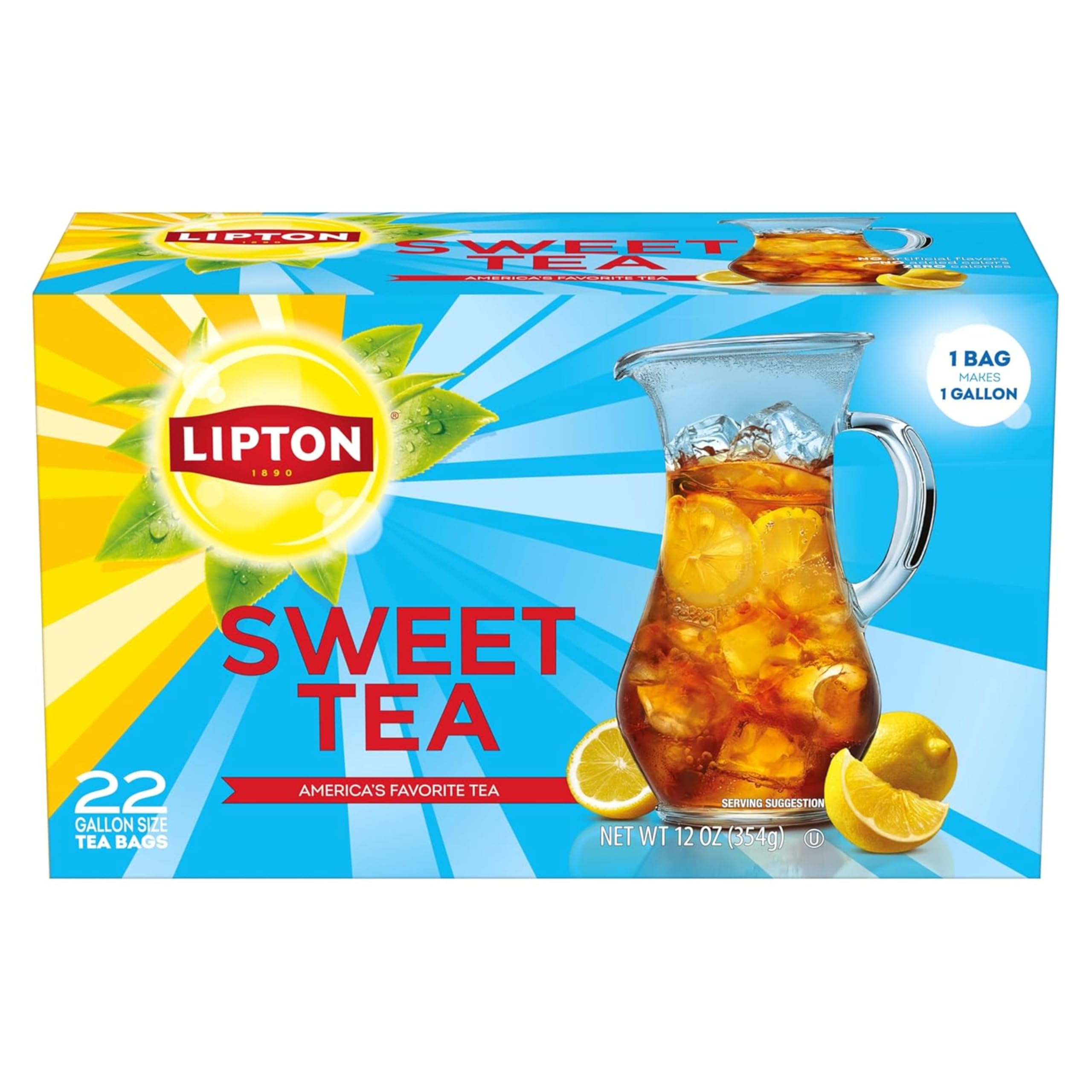 Lipton gallon tea bag next to measuring jug illustrating scale and one-bag-per-gallon convenience