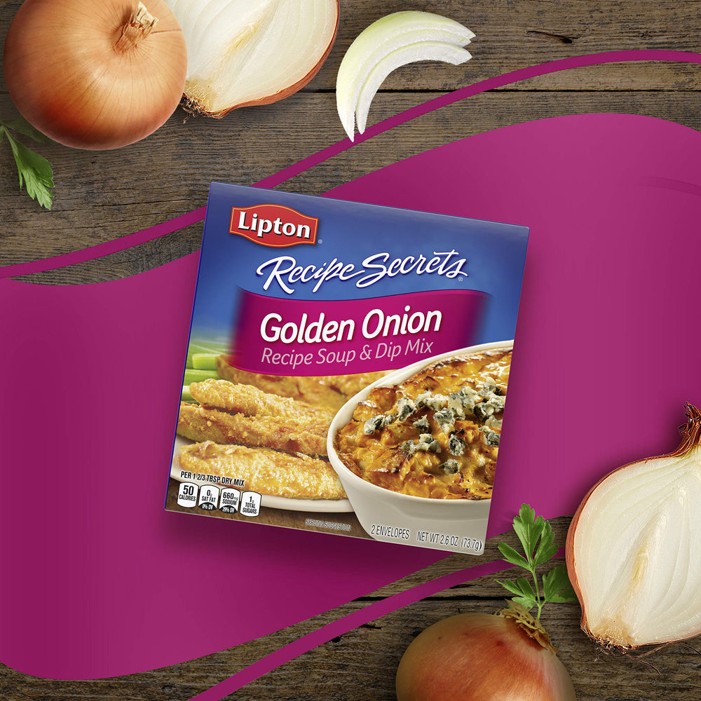 Lipton Golden Onion twelve-pack stacked in pantry illustrating bulk convenience