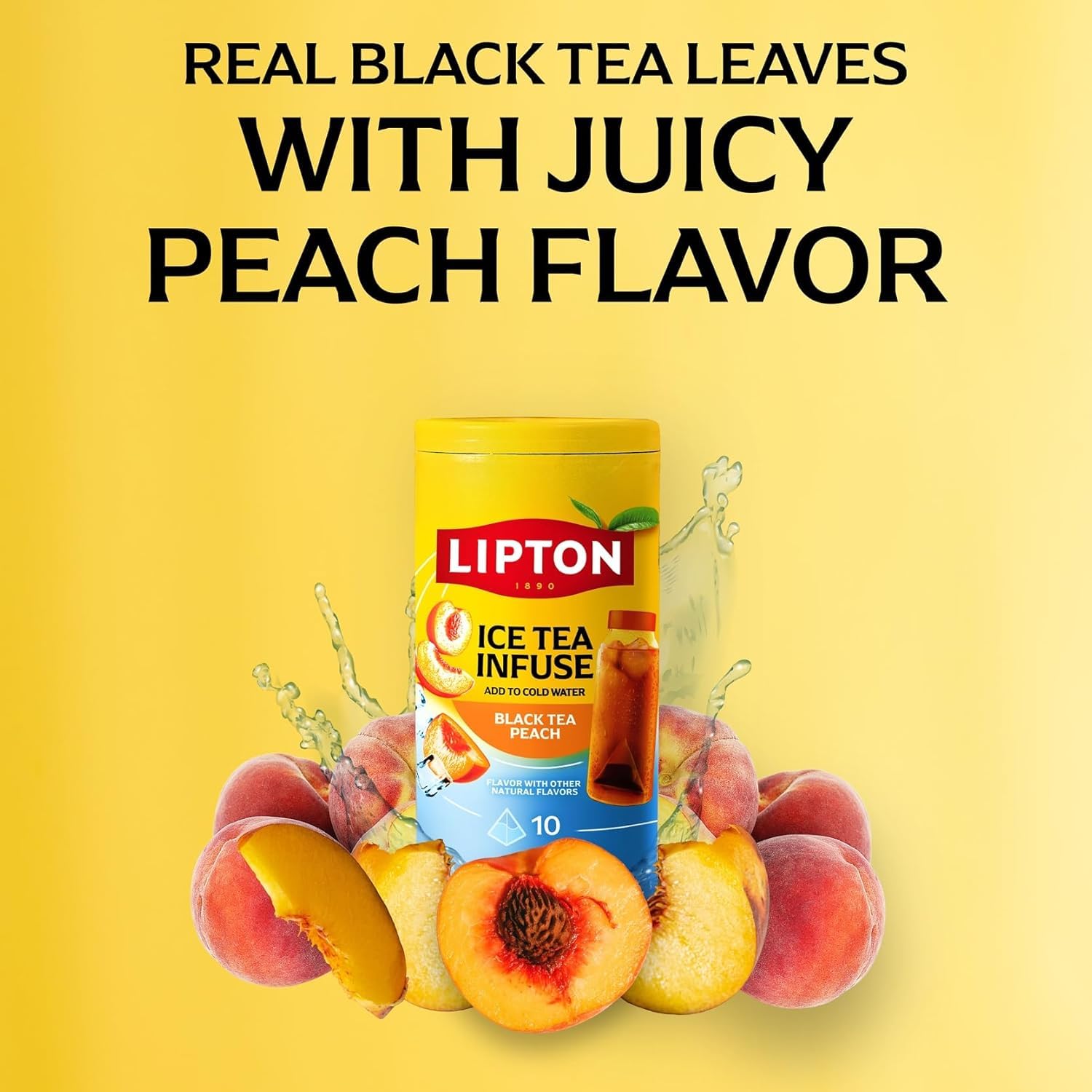 Lipton Black Tea Peach bag steeping in glass with peach flavor benefit