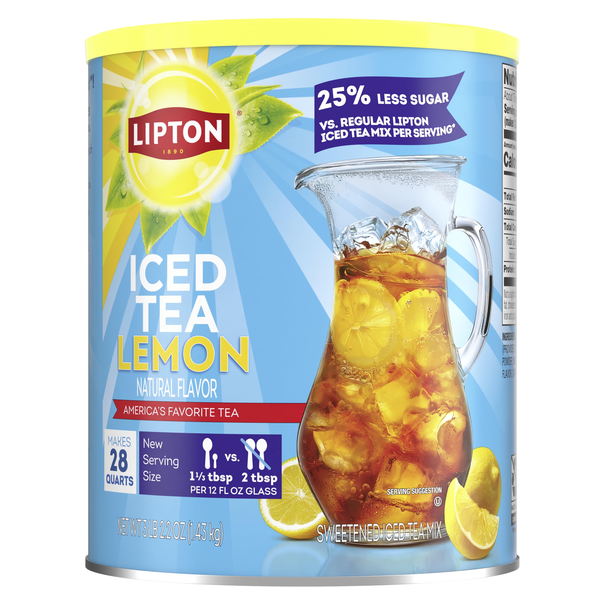 Lipton canister front view showing lemon iced tea mix for easy servings