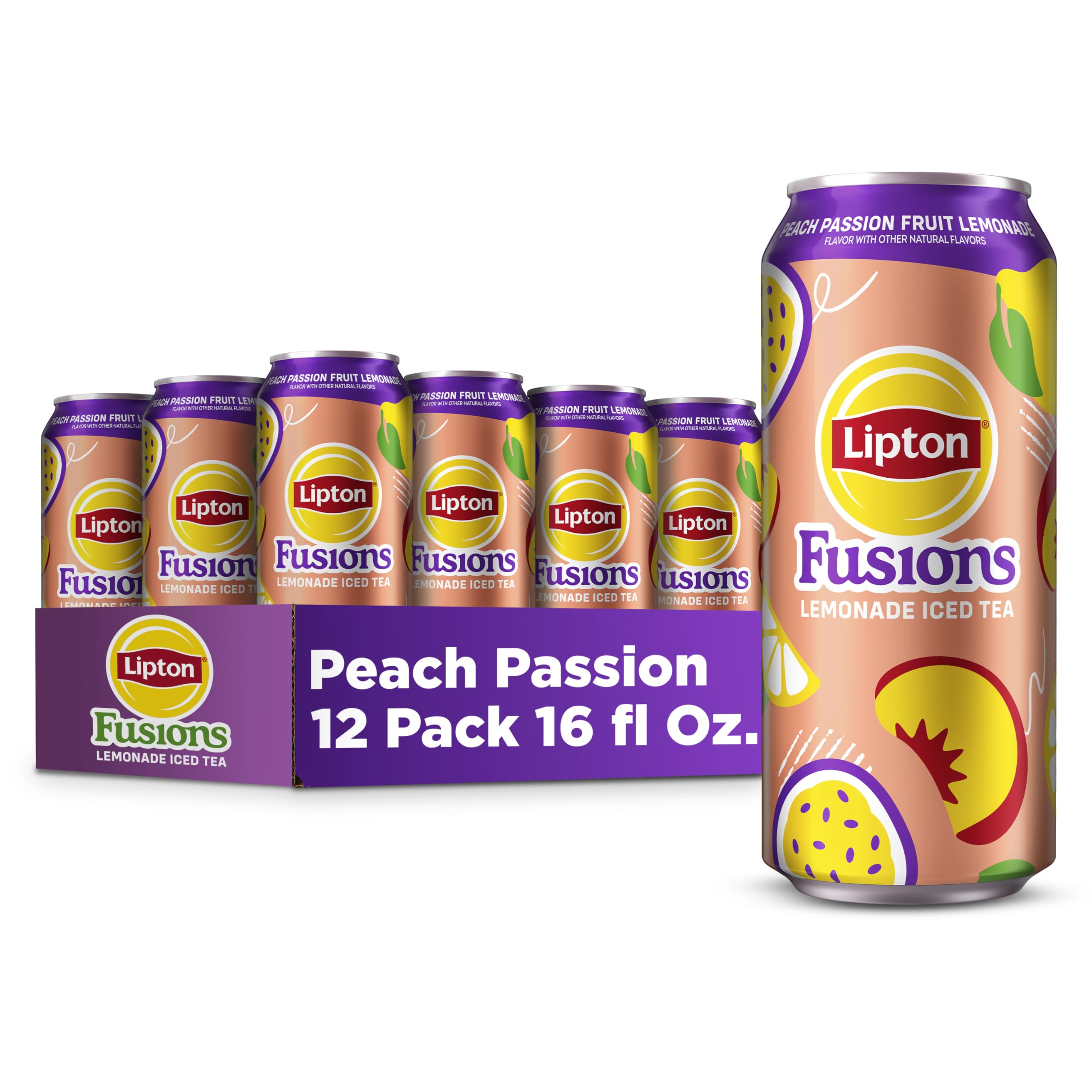 Lipton can front packaging showing peach passion fruit lemonade flavor and portability