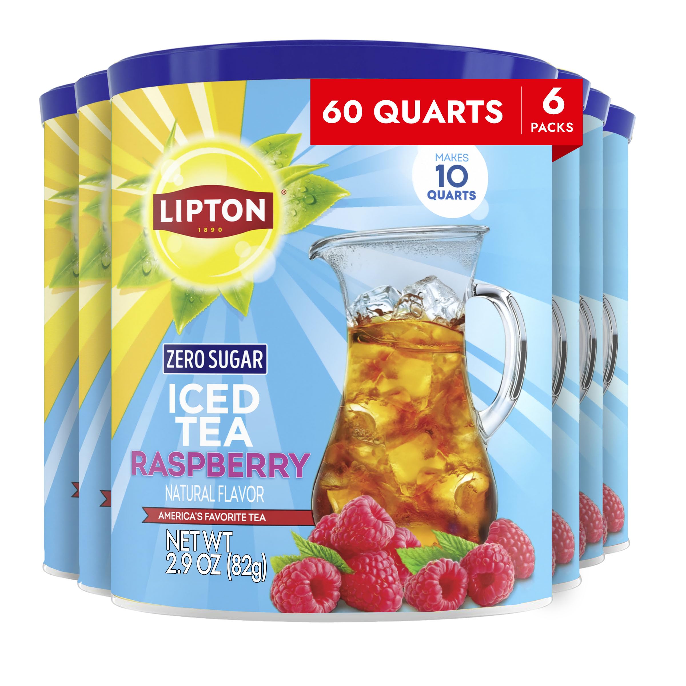 Lipton canister front view showing raspberry iced tea branding and convenience