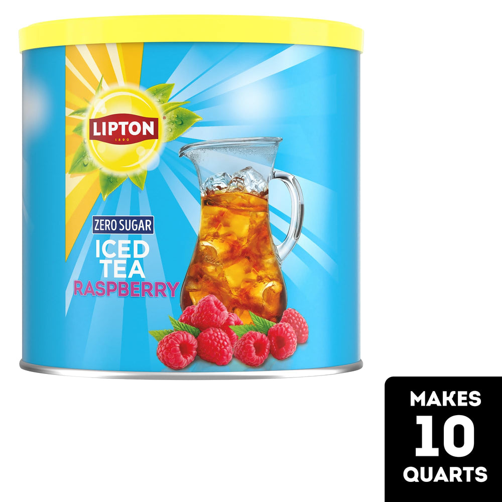 Lipton pitcher of prepared raspberry iced tea in fridge showing large-batch convenience