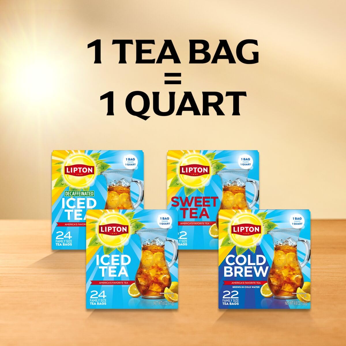 Lipton size comparison with cup highlighting quart brewing capacity
