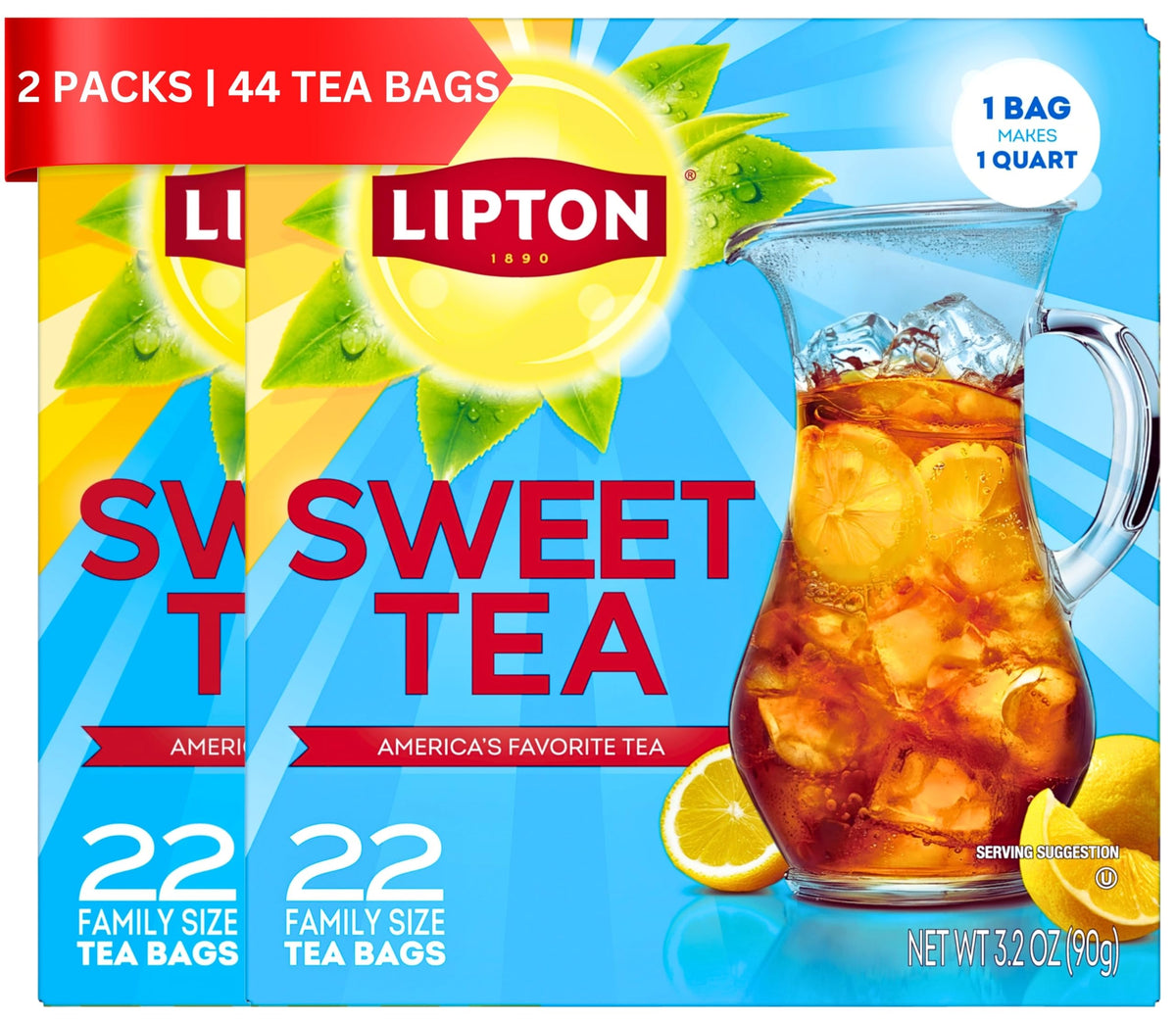 Lipton front packaging shows product and servings benefit convenience