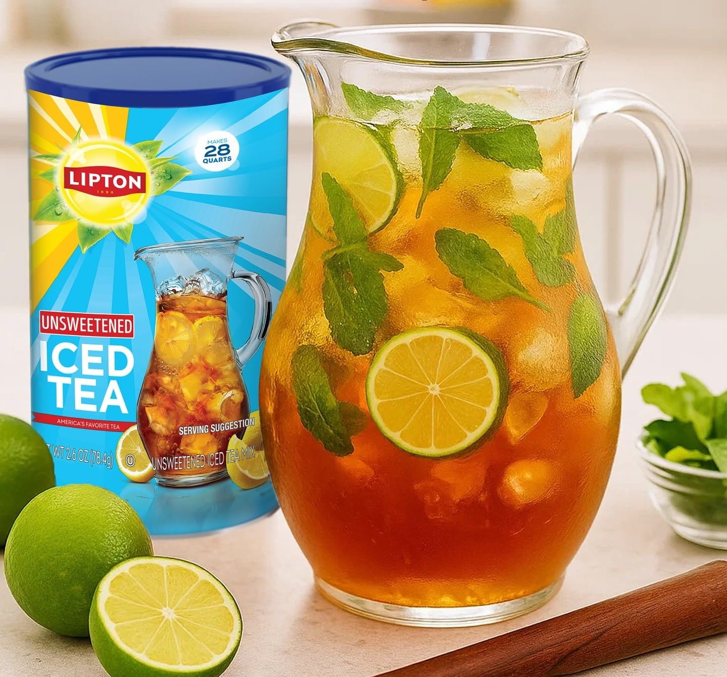 Hands stirring Lipton mix in pitcher showing effortless preparation benefit