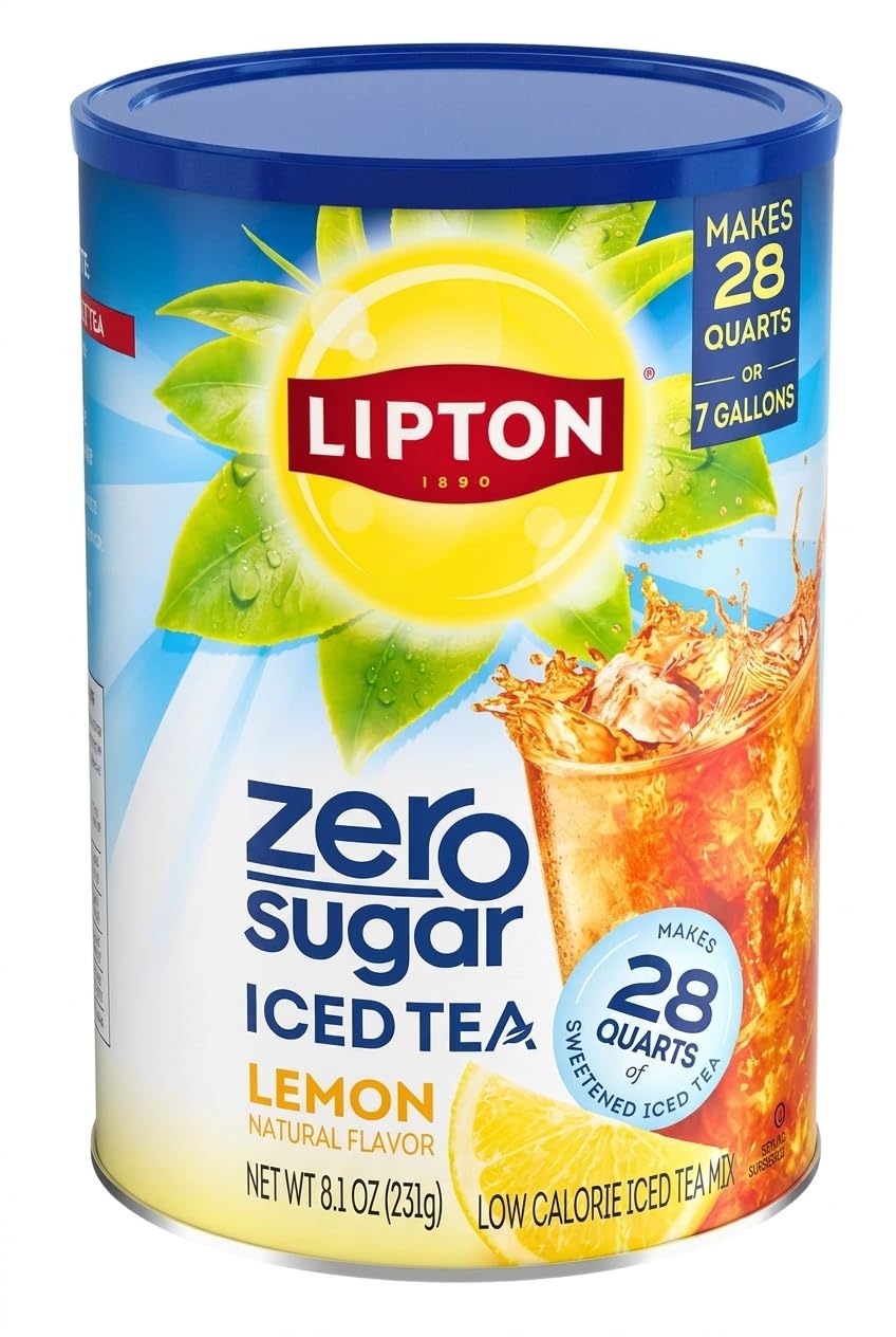 Scoop of Lipton powder over canister emphasizing quick accurate measuring