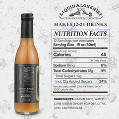 Liquid Alchemist label close-up displaying ingredient claims and small-batch branding