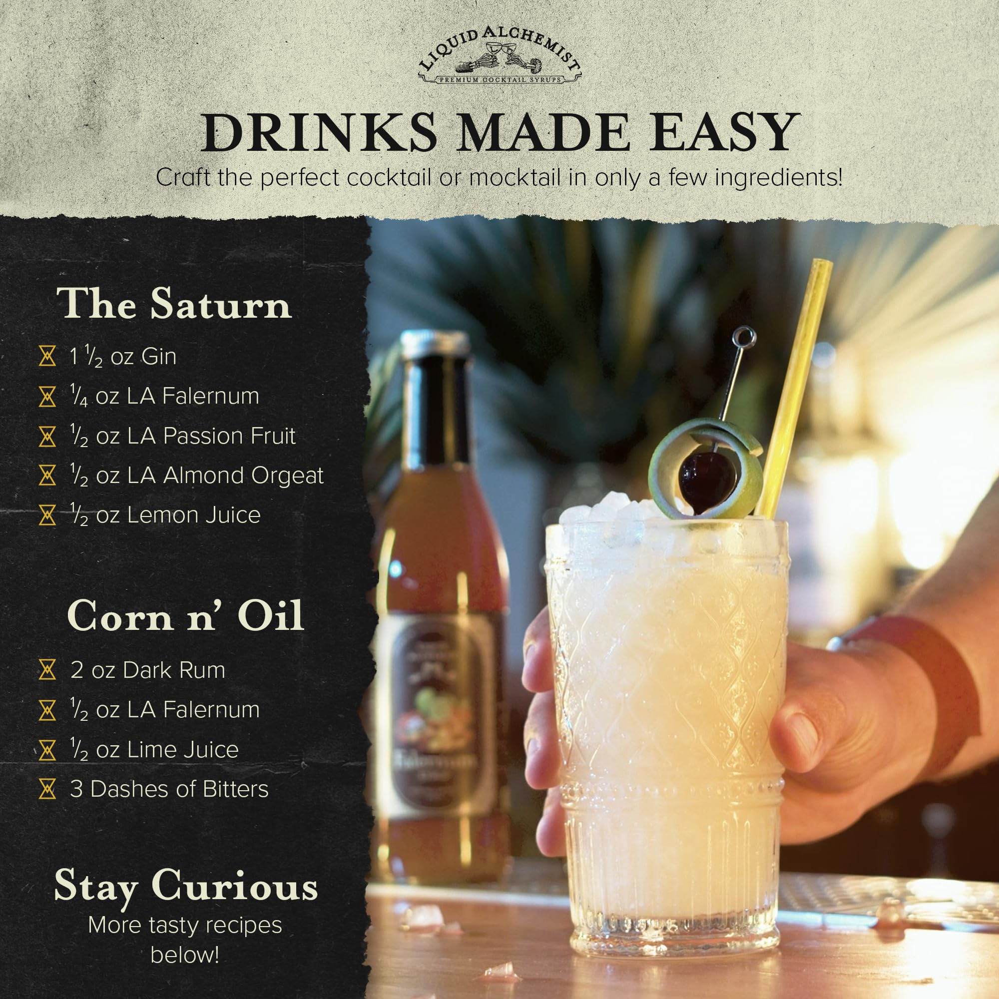 Liquid Alchemist ingredients spread with ginger, lime, almonds to show real ingredients