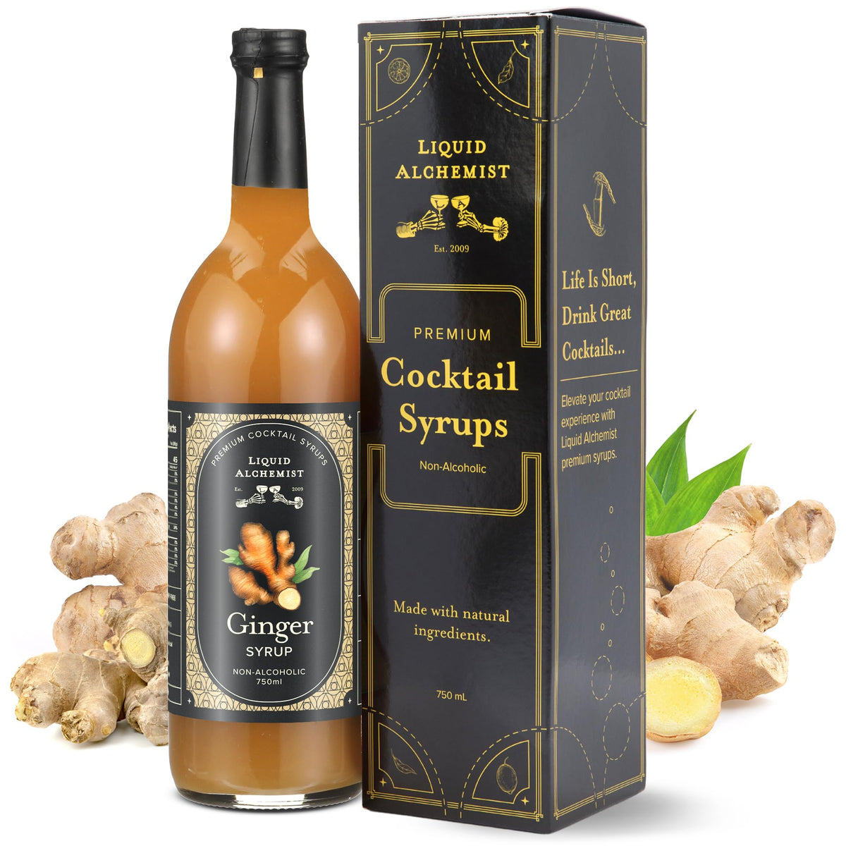 Liquid Alchemist front label on ginger syrup showing brand and volume benefit