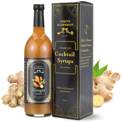 Liquid Alchemist front label on ginger syrup showing brand and volume benefit