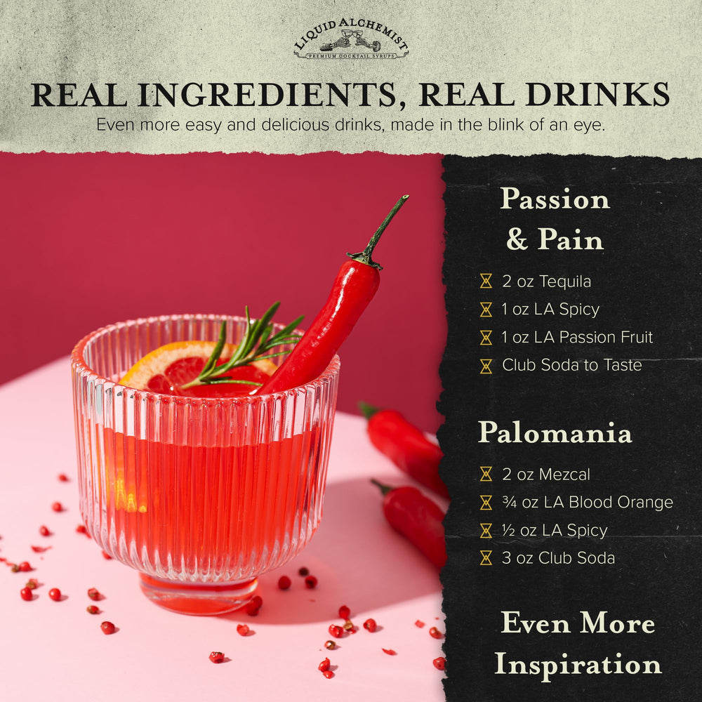 Liquid Alchemist ingredient spread with peppers and cane sugar indicating natural components