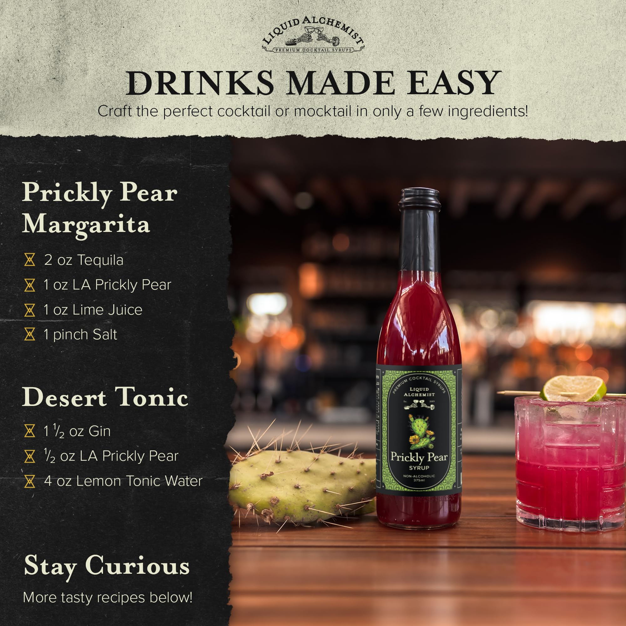 Liquid Alchemist margarita made with prickly pear syrup showcasing bright color
