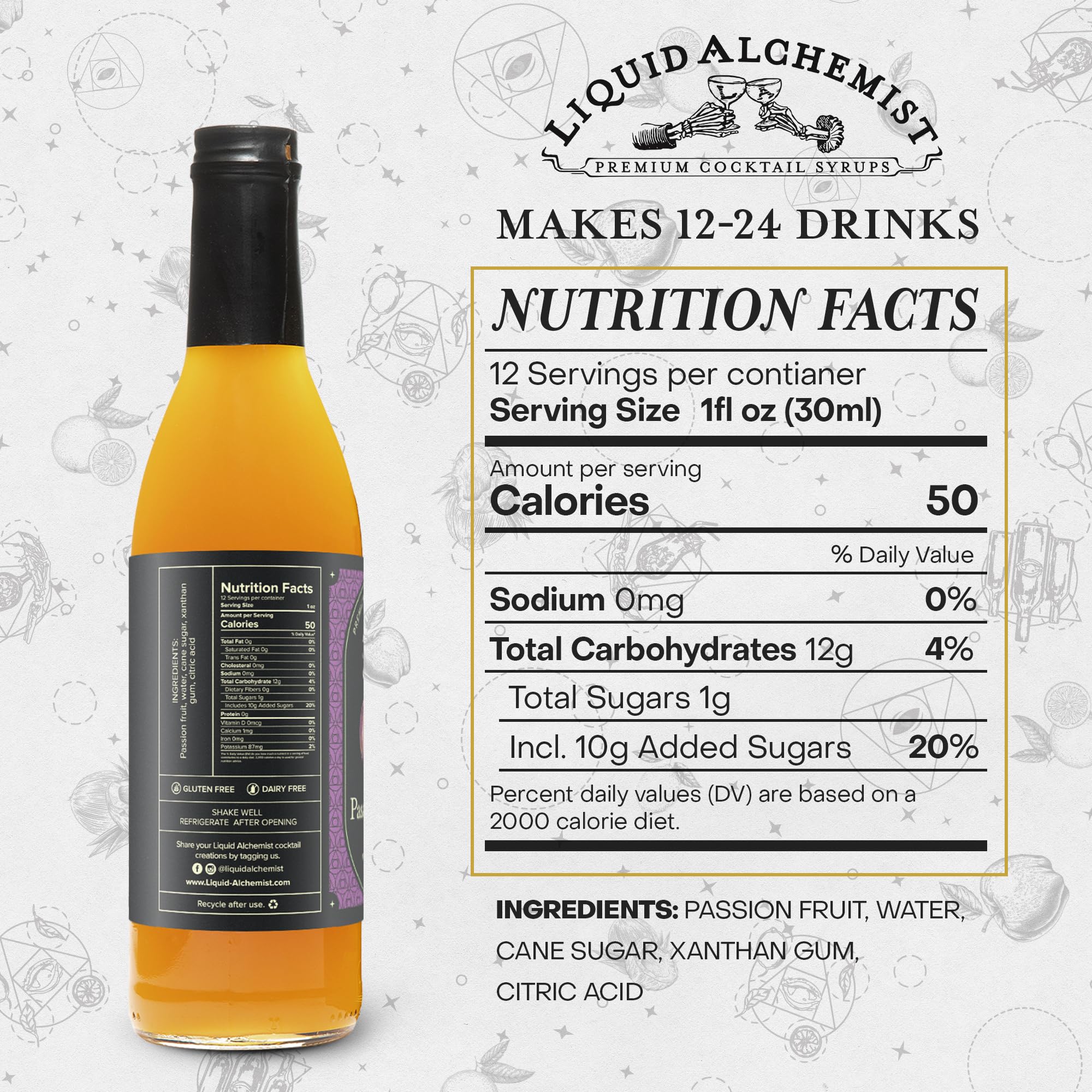 Liquid Alchemist label close-up highlighting real-ingredient and non-GMO benefit