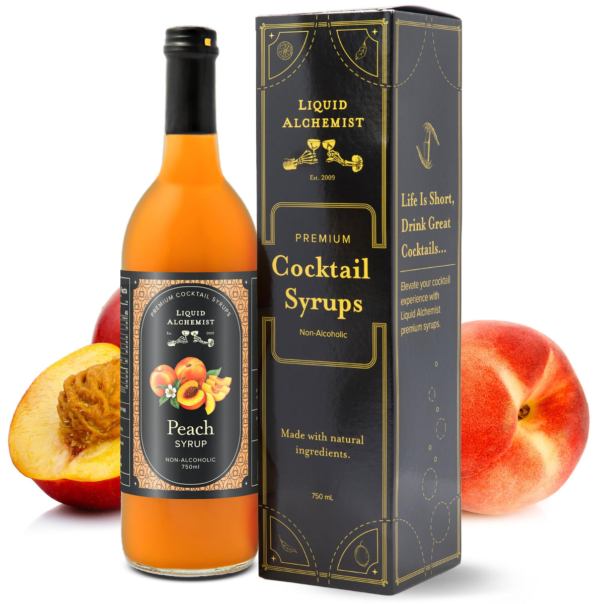 Liquid Alchemist bottle front view showing peach syrup and clear branding for easy identification